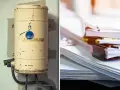 Vecchia caldaia arrugginita e pile di documenti. Pronti per lo smaltimento caldaie e la gestione burocratica.