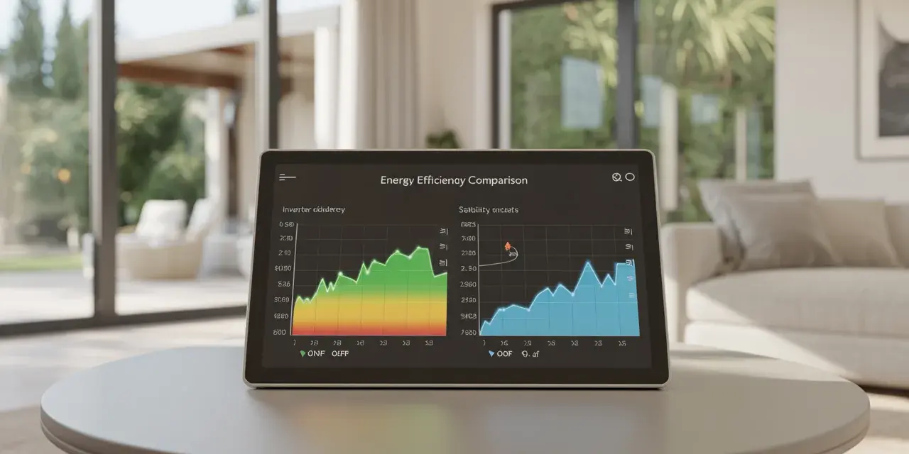 Tablet con grafici sull'efficienza energetica, che mostra l'andamento di un inverter e la stabilità.