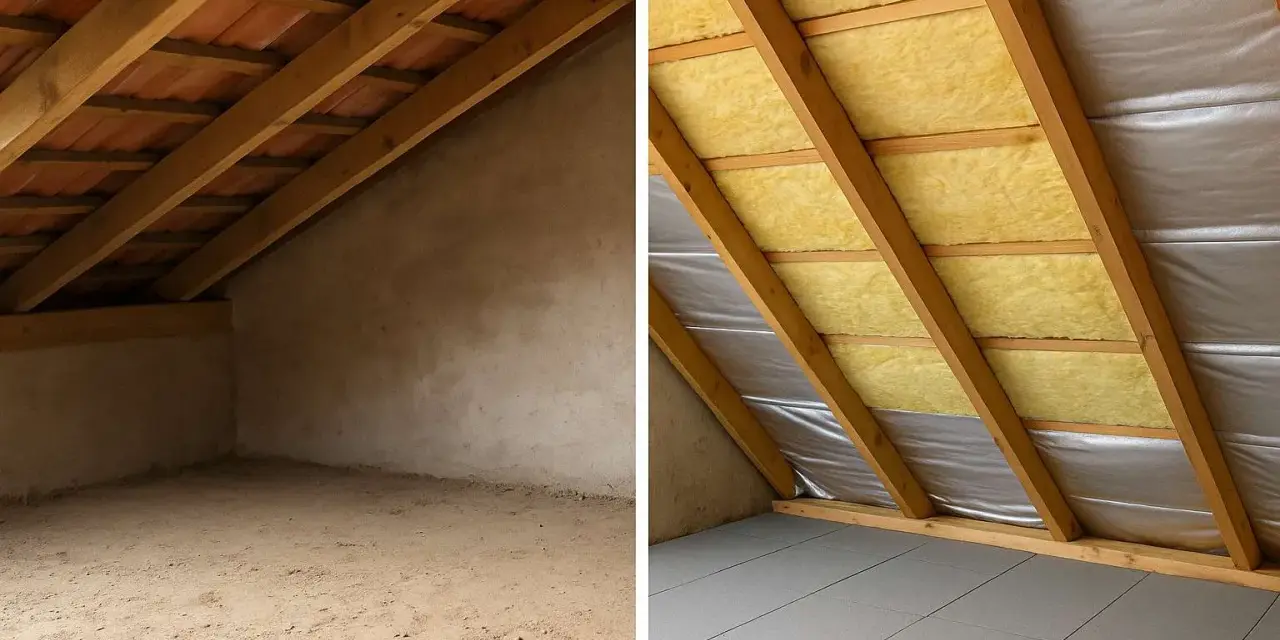 Prima e dopo: come isolare il tetto dall'interno con lana di vetro e pannelli riflettenti, creando un ambiente più confortevole.
