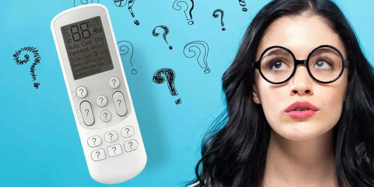 Ragazza con occhiali guarda telecomando condizionatore, circondata da punti interrogativi. Cosa significa "swing"?
