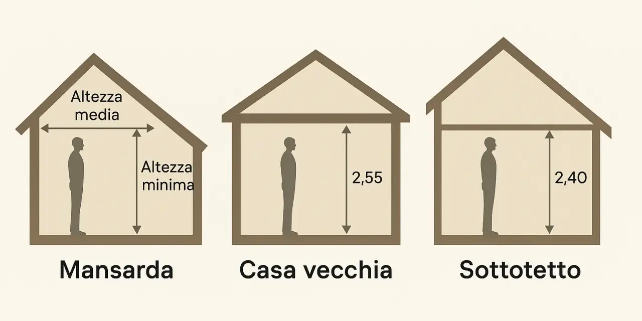 Altezza minima abitabilità: mansarda (con altezza media e minima indicate), casa vecchia (2,55m) e sottotetto (2,40m).