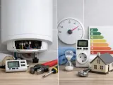 Strumenti, un contatore, una clessidra e una casa in miniatura suggeriscono come risparmiare con lo scaldabagno, ottimizzando i consumi.