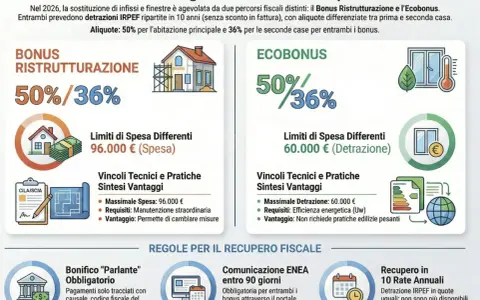 Infissi 2026: detrazione 50% o 65% per ristrutturazione o ecobonus. Guida ai bonus fiscali per la tua casa.