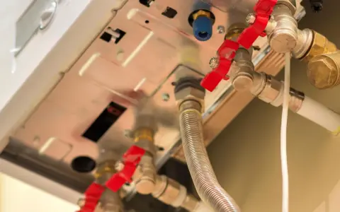 Dettaglio delle valvole rosse per chiudere acqua caldaia e tubazioni in rame e plastica.