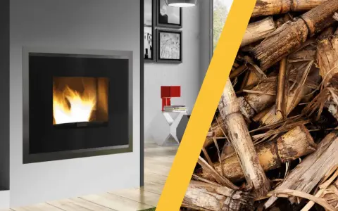 Una moderna stufa idro con fiamme vive accanto a un mucchio di biomassa legnosa, pronta per un riscaldamento ecologico.