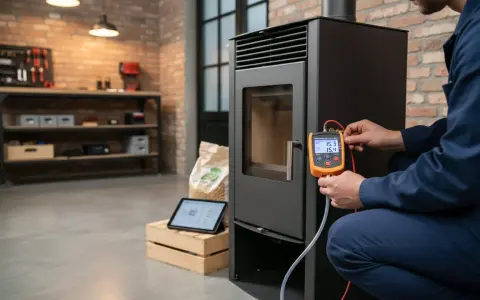 Tecnico effettua controllo su stufa a pellet, garantendo assistenza stufe a pellet multimarca. Strumentazione digitale e tablet per diagnosi precise.