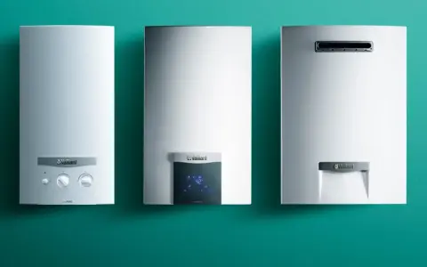 Tre scaldabagni a gas esterni Vaillant, pronti per l'installazione, con diversi pannelli di controllo.