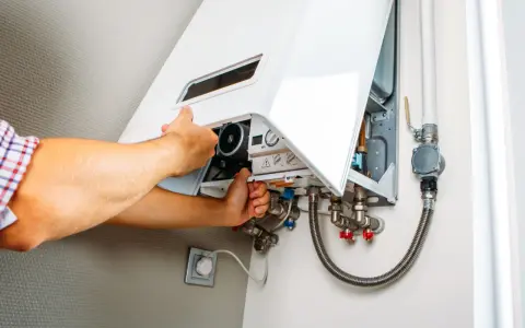 Tecnico che controlla la caldaia, forse per un errore. Si vedono mani che aprono il pannello e tubi.