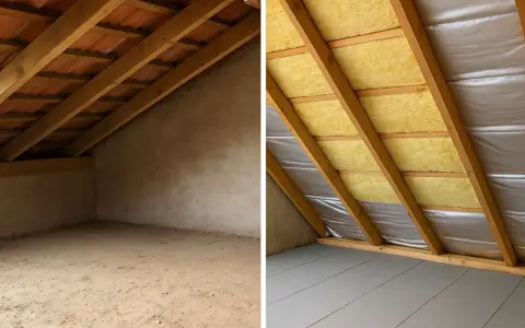 Prima e dopo: come isolare il tetto dall'interno con lana di vetro e pannelli riflettenti, creando un ambiente più confortevole.