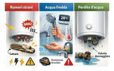 Lo scaldabagno Perla 5 lampeggia: rumori strani, acqua fredda o perdite indicano problemi come calcare, resistenza bruciata o valvola danneggiata.
