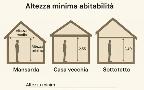 Illustrazione mostra l'altezza minima abitabilità in mansarda, casa vecchia (2,55m) e sottotetto (2,40m).
