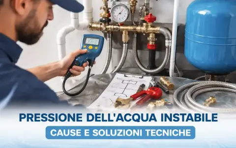 Idraulico controlla la pressione acqua bassa con strumento digitale. Impianto idraulico, manometro e schema tecnico sul tavolo.