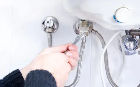 Mani con chiave inglese che lavorano su un raccordo dello scaldabagno, un passo per imparare come svuotare lo scaldabagno.
