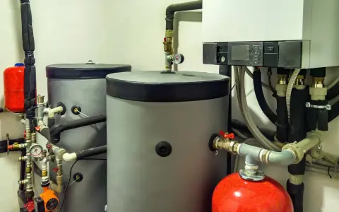 Installazione scaldabagno a pompa di calore con serbatoi grigi, serbatoio rosso e caldaia bianca.