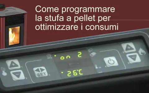 Pannello di controllo di una stufa a pellet con display digitale che mostra "on 2" e "26°C". Impara a regolare i parametri stufa a pellet per ottimizzare i consumi.