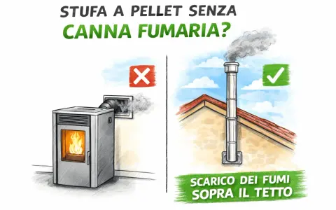 Stufa a pellet senza canna fumaria? A sinistra, scarico a muro con X rossa. A destra, scarico fumi sopra il tetto con segno di spunta verde.