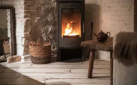 Stufa a pellet moderna con fiamme vive, accanto a un cesto di legna. L'ambiente rustico suggerisce un'installazione a norma, con la necessaria autorizzazione comunale.