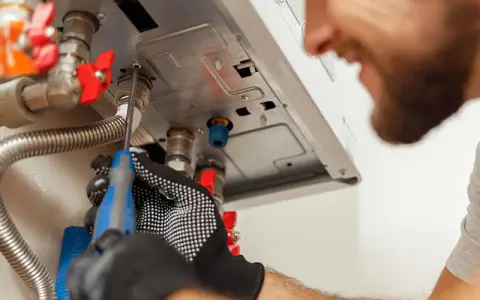 Tecnico con guanti lavora su caldaia, forse per risolvere problema di acqua calda sporca.