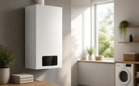Boiler per acqua calda e riscaldamento, moderno e compatto, in un ambiente luminoso con lavatrice e piante.