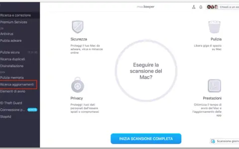 Interfaccia MacKeeper. La sezione "Ricerca aggiornamenti" è evidenziata, suggerendo che l'app mcz maestro non funziona correttamente.