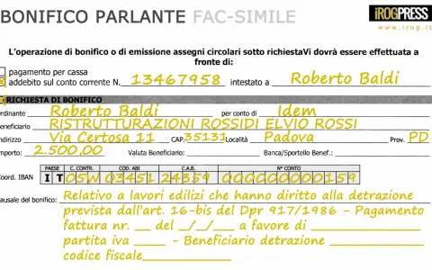 Fac simile fattura per detrazione 65: bonifico per lavori edilizi, importo 2.500,00, intestato a Roberto Baldi.
