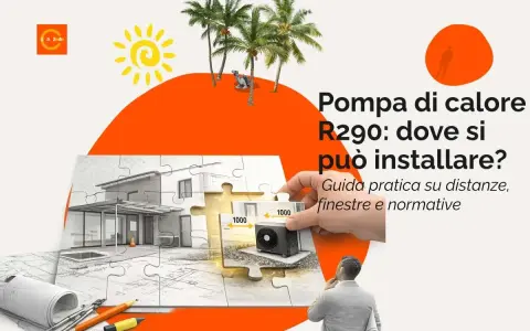 Guida all'installazione di una pompa di calore R290, ideale per il riscaldamento a pavimento. Immagine con schema casa e unità esterna.
