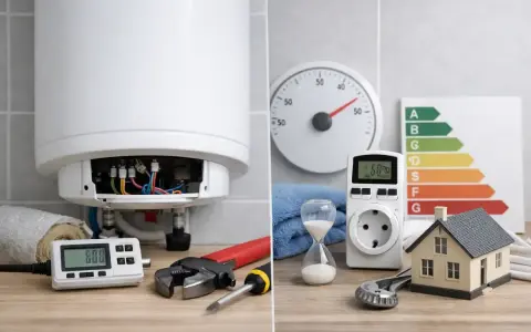 Strumenti, un contatore, una clessidra e una casa in miniatura suggeriscono come risparmiare con lo scaldabagno, ottimizzando i consumi.