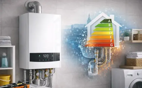 Caldaia istantanea a condensazione moderna, con display digitale e etichetta energetica A. Efficienza e risparmio per la tua casa.