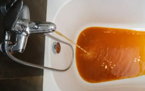 Rubinetto che eroga acqua troppo calda, di colore arancione, nella vasca da bagno.