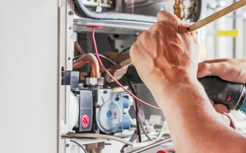 Tecnico che lavora su un **scambiatore acqua calda**, pulendo componenti interni con un pennello e un aspiratore.