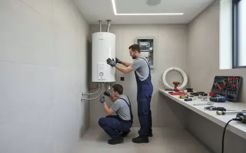 Tecnici controllano scaldino Chaffoteaux che non si accende. Attrezzi e tubi sul bancone.