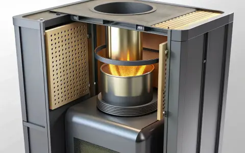 Sezione interna di una stufa a pellet, mostra il bruciatore e il condotto fumi. Il debimetro stufa a pellet si trova solitamente vicino all'ingresso dell'aria.