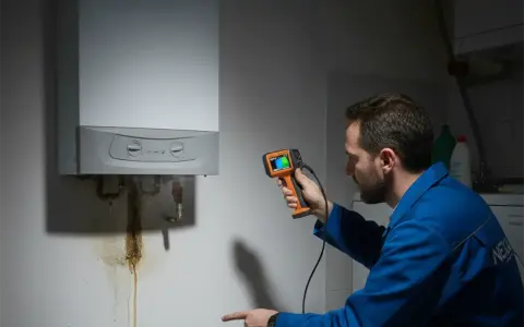 Tecnico esamina una caldaia con termocamera, notando una perdita. La pressione della caldaia è di 3 bar.