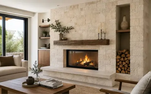 Un elegante camino moderno con rivestimento in pietra chiara, mensola in legno grezzo e un'accogliente fiamma viva.