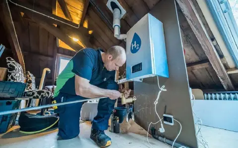 Installazione di caldaie a idrogeno in un sottotetto. Un tecnico collega tubi a un'unità bianca con il simbolo H2.