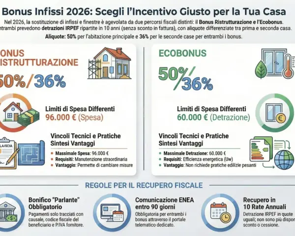 Infissi 2026: detrazione 50% o 65% per ristrutturazione o ecobonus. Guida ai bonus fiscali per la tua casa.