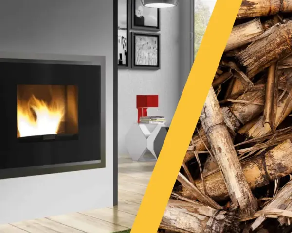 Una moderna stufa idro con fiamme vive accanto a un mucchio di biomassa legnosa, pronta per un riscaldamento ecologico.