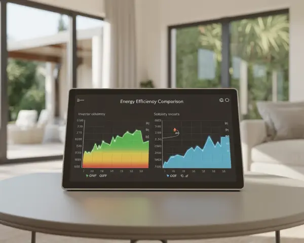 Tablet con grafici sull'efficienza energetica, che mostra l'andamento di un inverter e la stabilità.