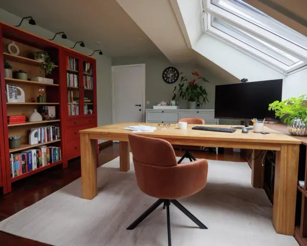 Accogliente ufficio in mansarda con scrivania in legno, librerie rosse e lucernario.