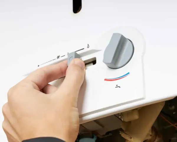 Mano regola la manopola di uno scaldabagno a gas Bosch, forse per risolvere problemi di funzionamento.