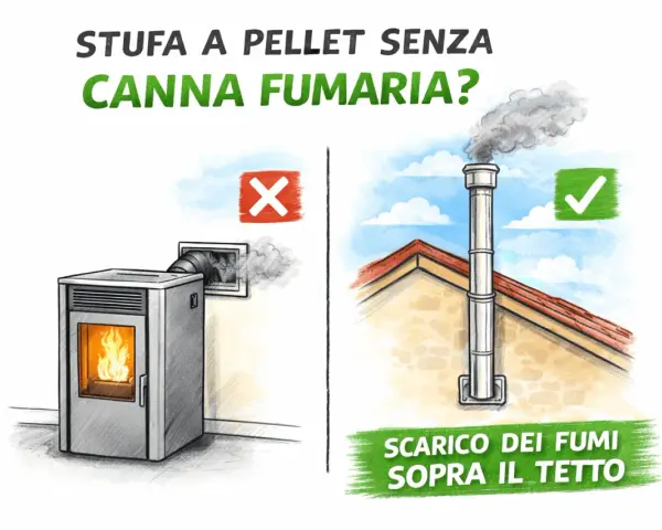 Stufa a pellet senza canna fumaria? A sinistra, scarico a muro con X rossa. A destra, scarico fumi sopra il tetto con segno di spunta verde.