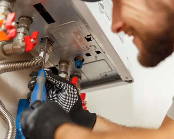 Tecnico con guanti lavora su caldaia, forse per risolvere problema di acqua calda sporca.