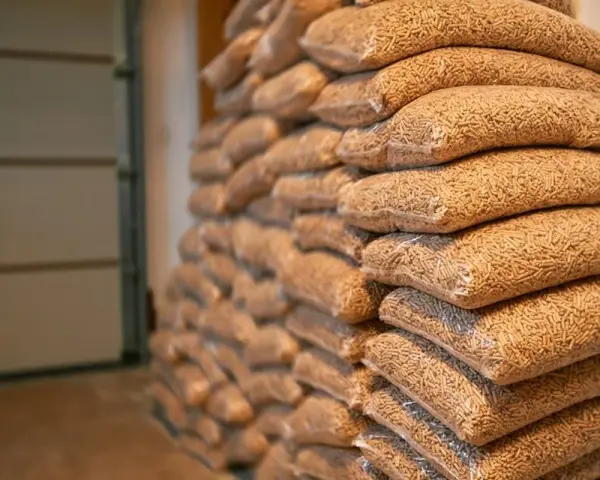 Impilati in un magazzino, tanti sacchi di pellet, circa 70 per bancale, pronti per riscaldare l'inverno.