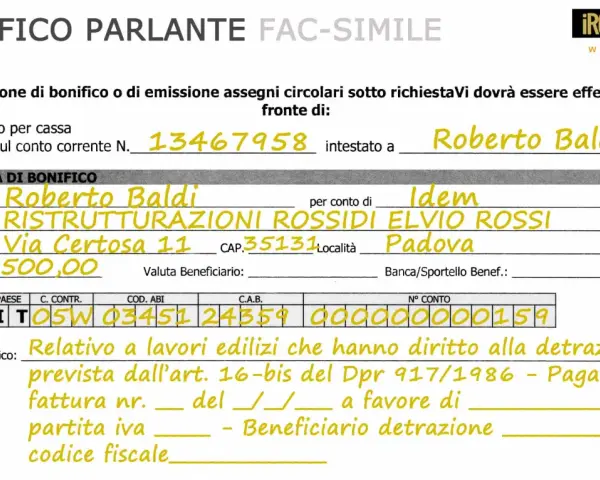 Fac simile fattura per detrazione 65: bonifico per lavori edilizi, importo 2.500,00, intestato a Roberto Baldi.