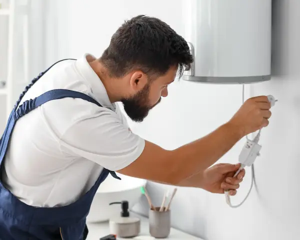 Tecnico con tuta blu controlla la caldaia. La manutenzione caldaia a chi spetta? Al tecnico specializzato, per la sicurezza di tutti.