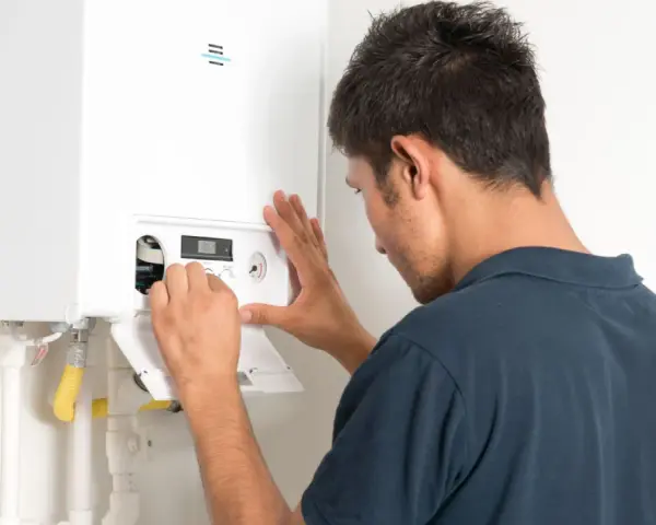 Tecnico effettua il collaudo caldaia nuova, regolando i comandi per un funzionamento ottimale.