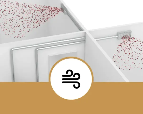 Illustrazione che mostra come funziona la stufa a pellet: il calore viene diffuso nell'ambiente tramite bocchette, creando un flusso d'aria.