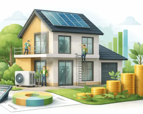Casa con pannelli solari, condizionatore e operai che lavorano. Grafici, monete e calcolatrice suggeriscono i massimali ecobonus per il risparmio energetico.