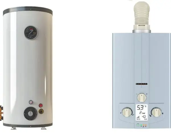 Caldaia a gas verticale e scaldino a gas compatto, entrambi pronti per fornire acqua calda.