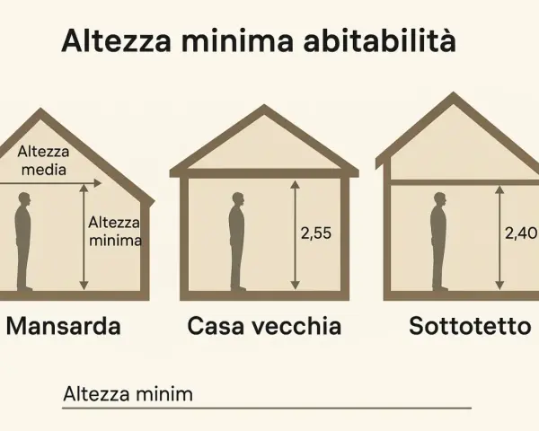 Altezza minima abitabilità: mansarda (con altezza media e minima indicate), casa vecchia (2,55m) e sottotetto (2,40m).